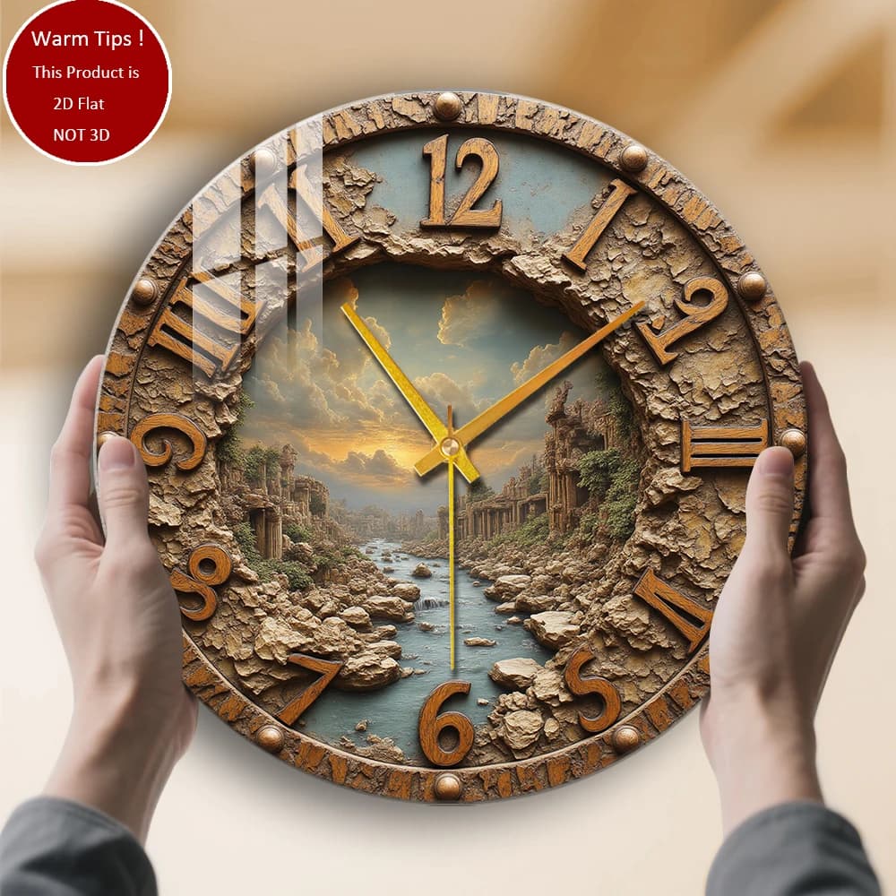 Tempered Glass Wall Clock Ancient River Ruins Sunset Suitable for wall decorations or table displays anywhere