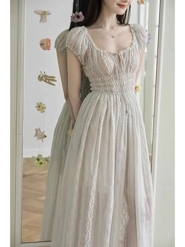 Elegant Summer Floral Embroidery Long Dress Gentle Tea Break Floral Print Three Dimensional U-Neck Short Sleeve Women's Dress