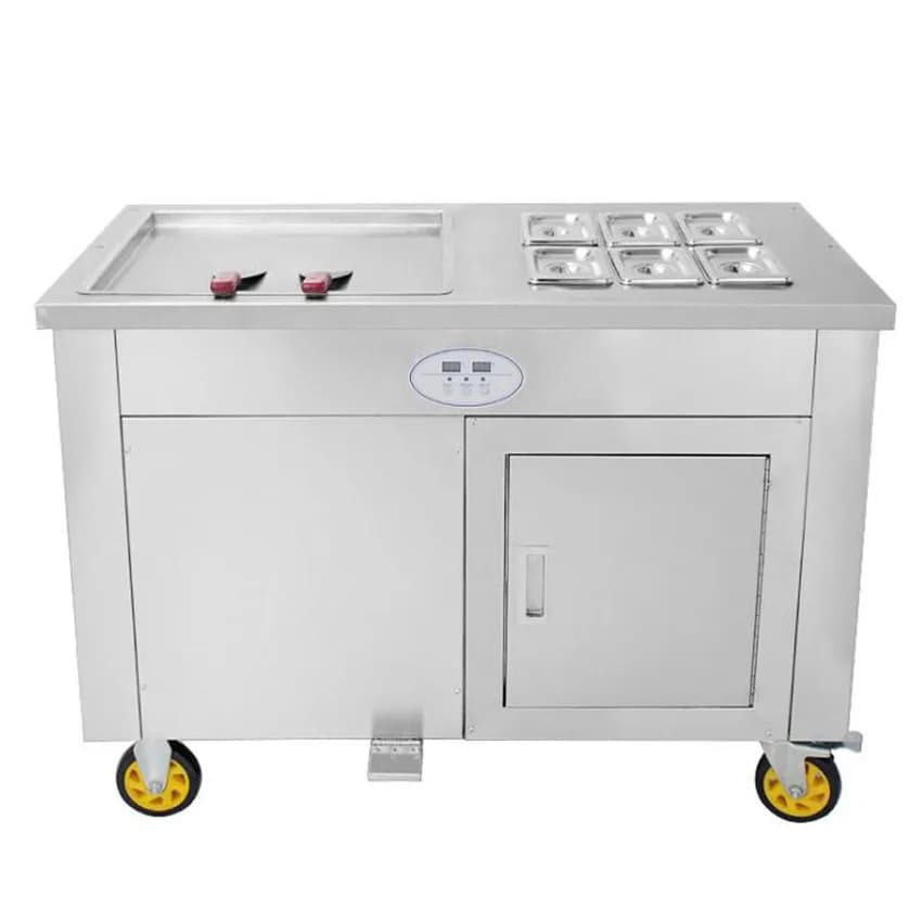Electric rolled ice cream machine with square flat plate of 45 cm, 6 tanks and defrosting plate