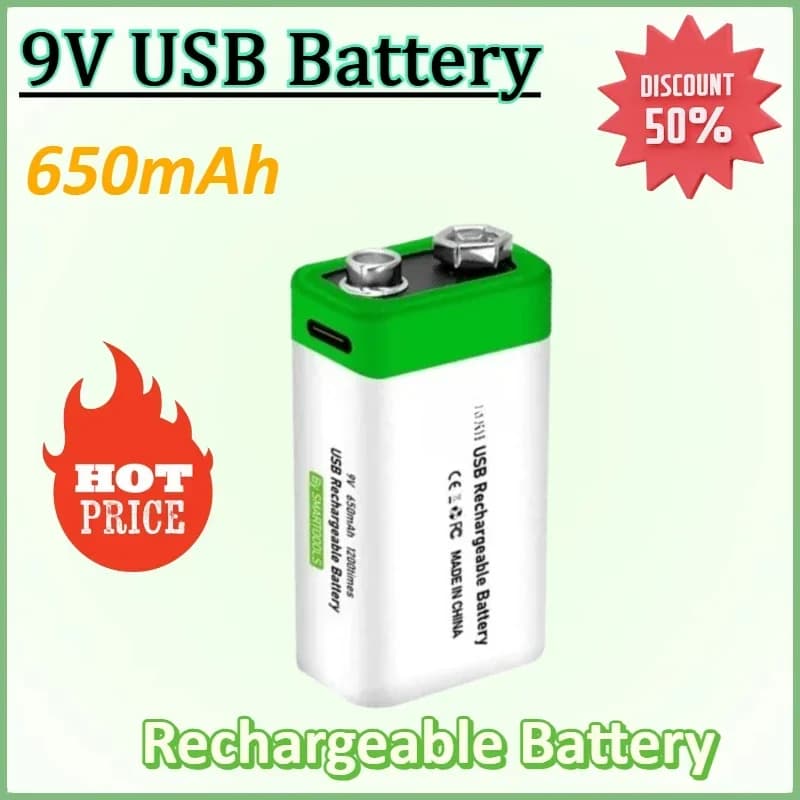 Batteria ricaricabile USB da 9 V 650 mAh, ricarica di tipo C agli ioni di litio per multi contatori, batteria per walkie-talkie con telecomando giocattolo quadrato