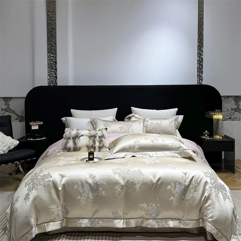 Set di Biancheria da Letto di Lusso in Cotone Egiziano 100S, Jacquard Floreale, Copripiumino Ultra Morbido Champagne, Set 4 Pezzi con Lenzuolo e Federe