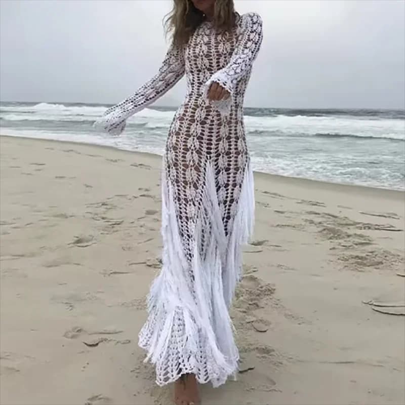 Abito lungo sottile con frange patchwork alla moda Abito da spiaggia per le vacanze Abito da donna lavorato a maglia cava 2025 Abiti estivi casual a maniche lunghe
