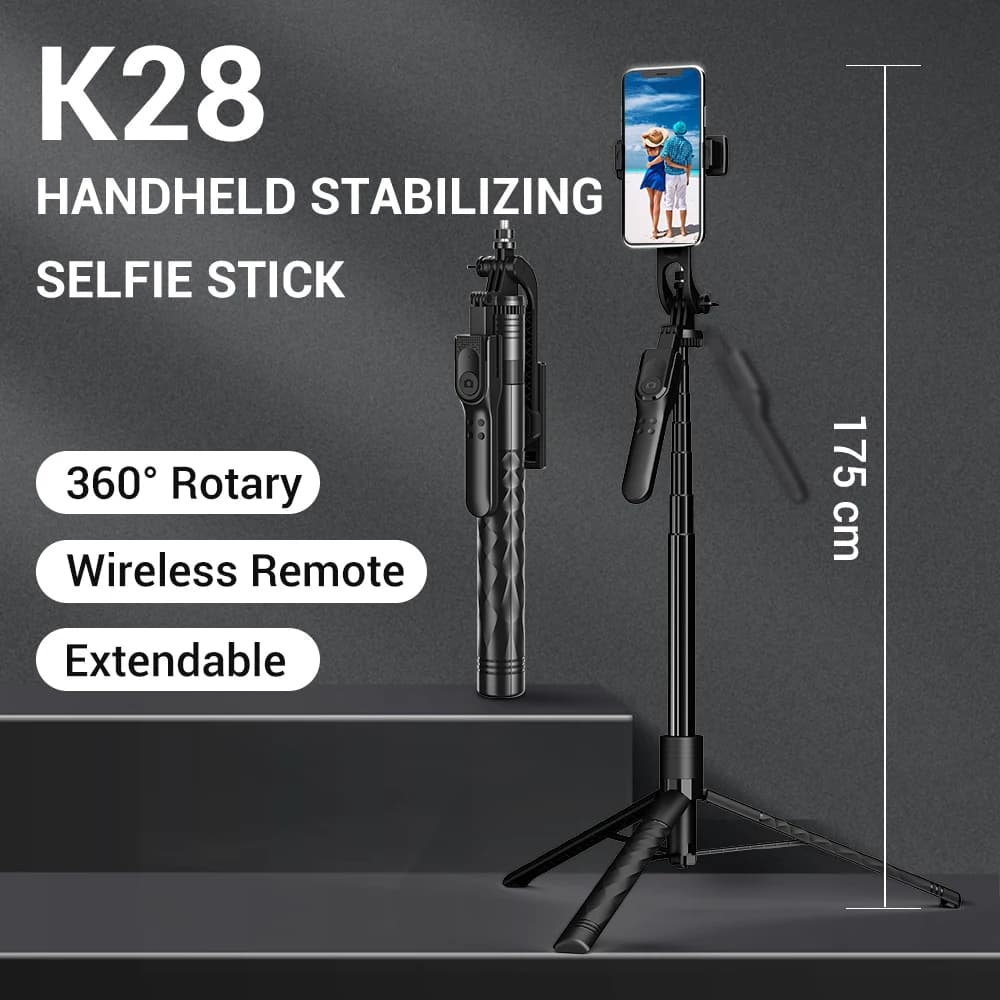 Treppiede per selfie stick per fotocamera K28 - Telecomando Bluetooth da 12,6", stabilizzatore portatile, supporto da pavimento con luce per streaming live