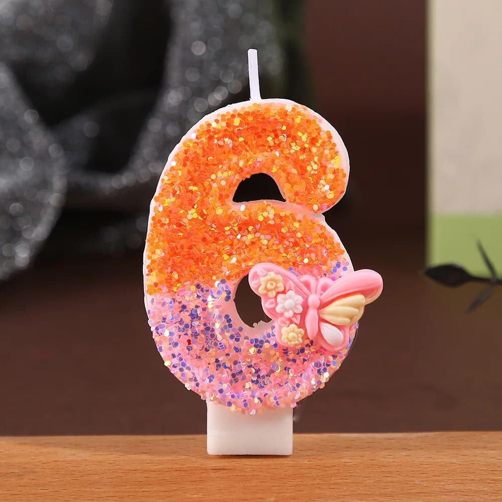 Orange Pink Sequined Digital Candles, Cartoon Pink Butterfly 0-9 Birthday Candles. Festive Party Decoration. Dessert Cake Plugin