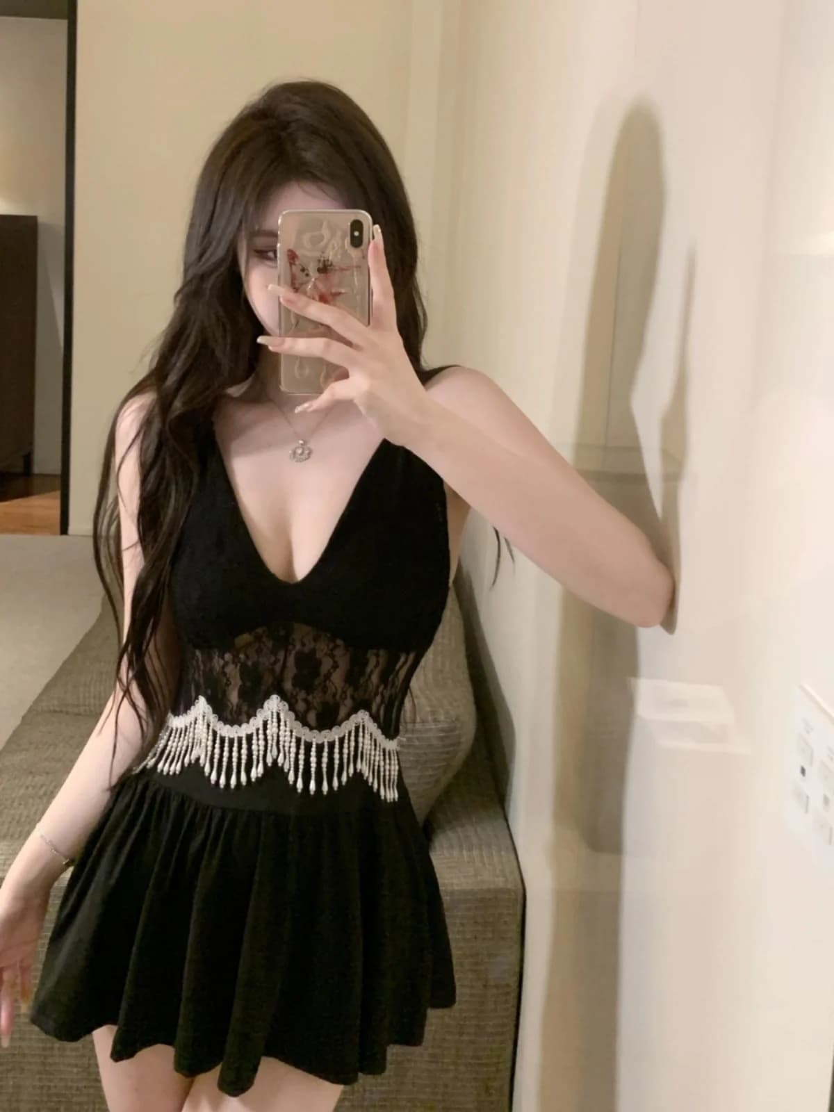 Black Sexy Strapless Deep V Waist Cinched Short Skirt Lace Patchwork Pearl Fringe Dress High Waist A-Line Summer Ladies Dress