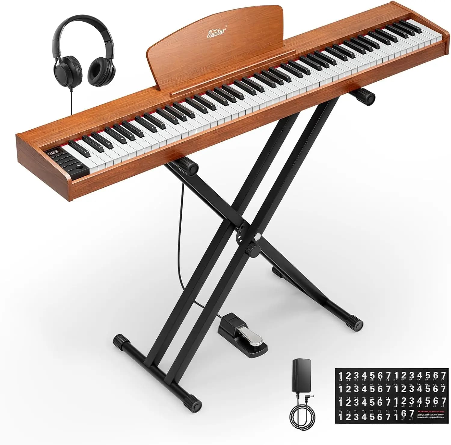 88-Key Full Size Electric Piano Keyboard with Velocity-Sensitive Keys, Portable Beginner Digital Piano Bundle Includes Stand, Sustain Pedal, Music Stand, and Headphones, Brown