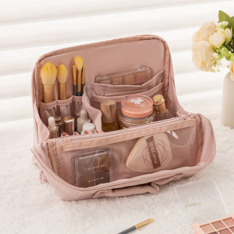 Portable Large Capacity Makeup Bag, Waterproof Handheld Storage Bag for Going Out, Partitioned Layered Toileting Bag for Women