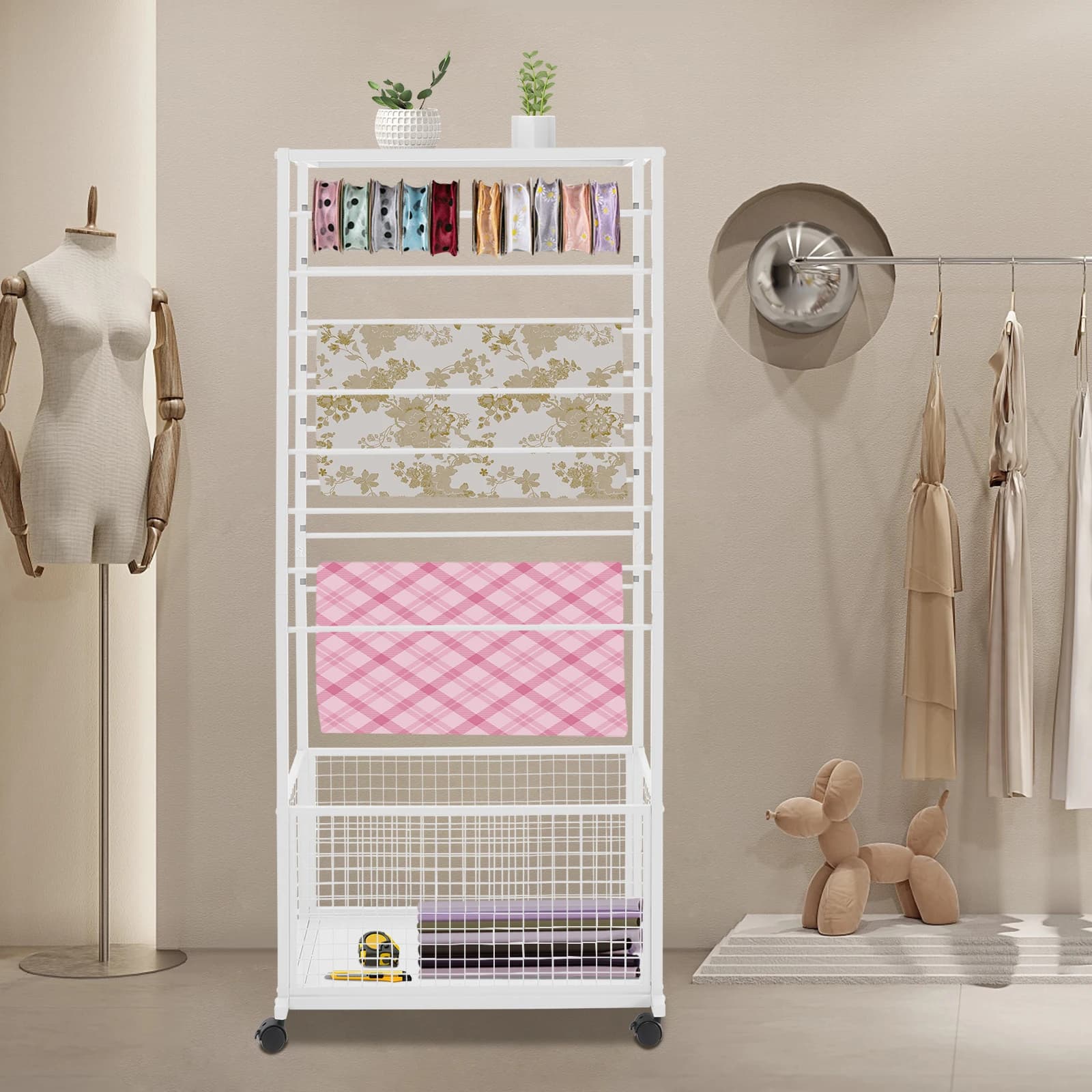 67*32*150cm White Storage Rack, Double‑Sided 16‑Tier Ribbon Display Metal Stand with 4 Lockable Casters, for Towels Scarves Fabrics Wrapping Papers