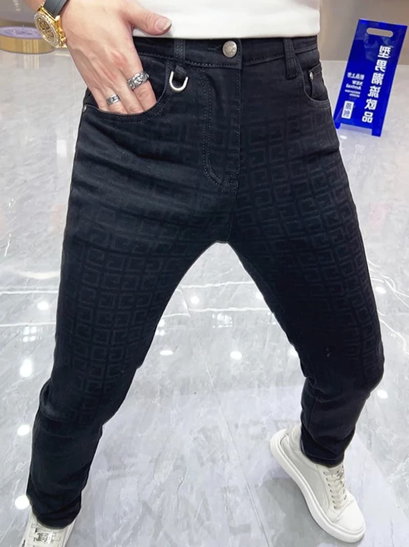 Bla Slim Fit Men's Jeans Casual Elastic k Flower Pattern Long Pants Busin Casual Sle High Waist Youth Autumn Winter