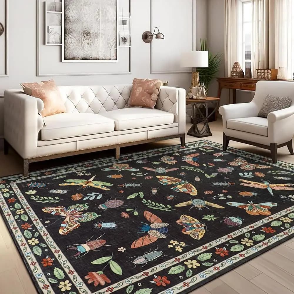Tappeto lavabile a tema insetti 5x8, tappeto floreale in finta lana per soggiorno/sala da pranzo in nero invecchiato