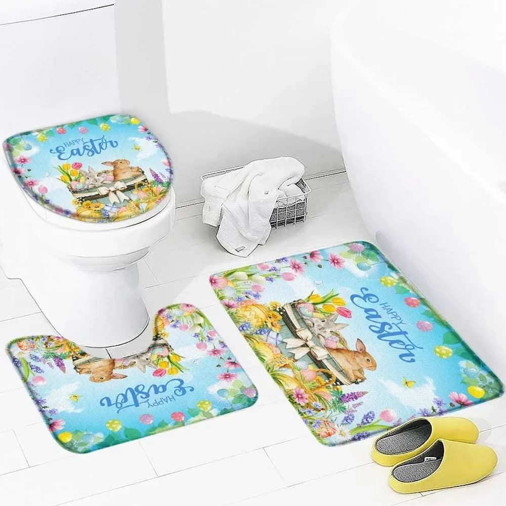 Divertente set di tappetini da bagno con coniglietto pasquale Primavera Tulipano Fiori Uova di coniglio Tappeto da pavimento per la casa Decorazioni per il bagno Tappeti antiscivolo Copriwater
