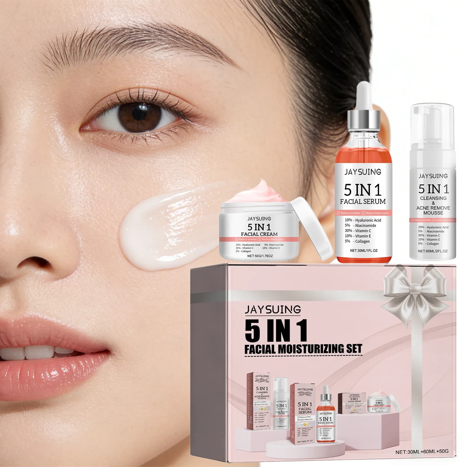 Skincare Set 5 in 1 for deep hydration and perfect preservation of niacinamide serum and vitamin C moisturizing cream, detergent and serum mousse.