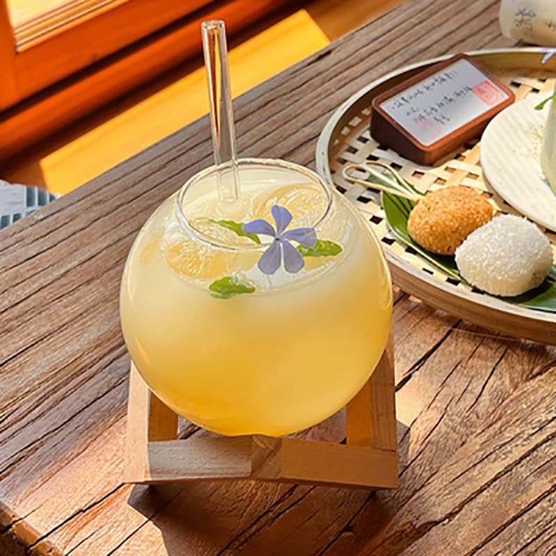 Bicchiere da Cocktail con Supporto in Legno, Bicchieri Creativi da Bar, Tazza per Bevande, Bicchiere Rotondo a Sfera, Bicchiere per Succo di Frutta a Forma di Luna