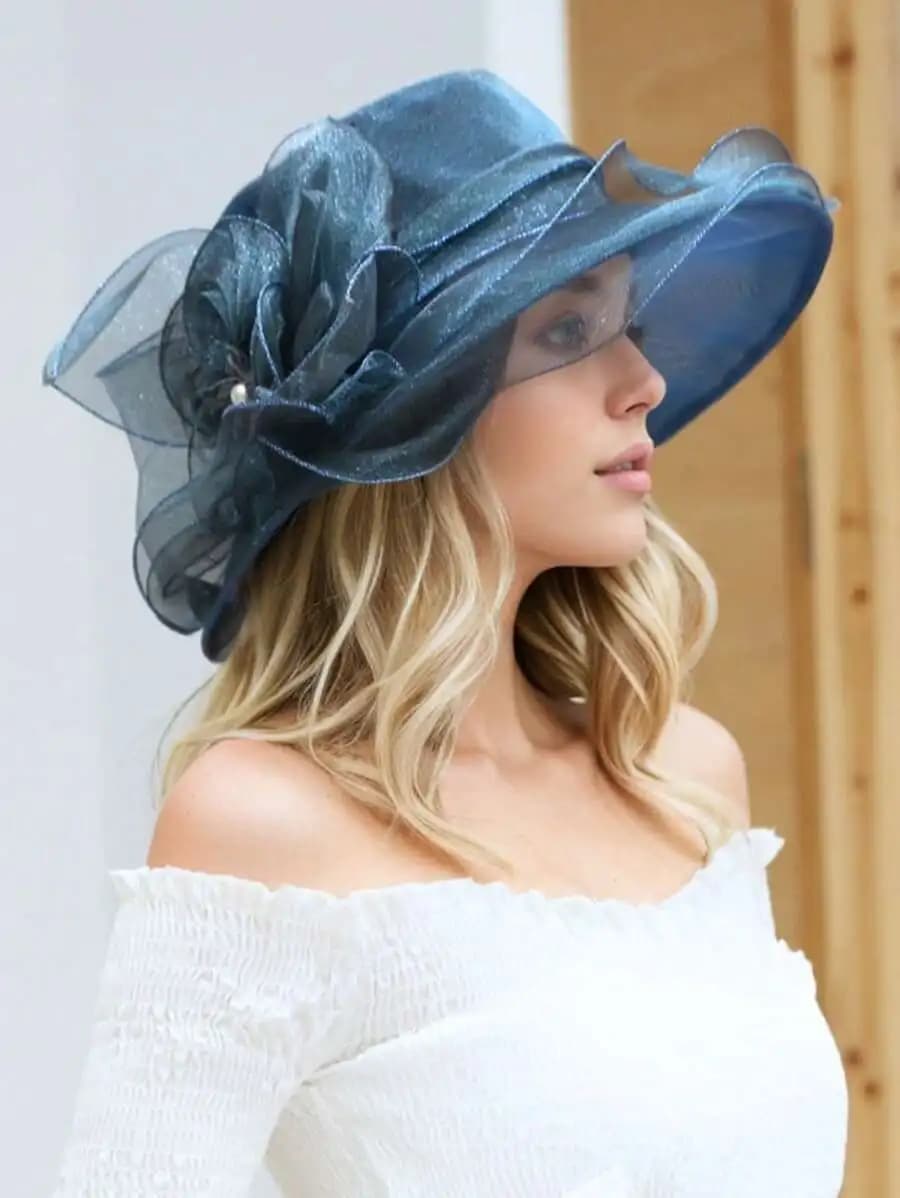 Elegante Cappello da Sole da Donna con Velo in Organza Floreale, Cappello Estivo a Tesa Larga in Poliestere