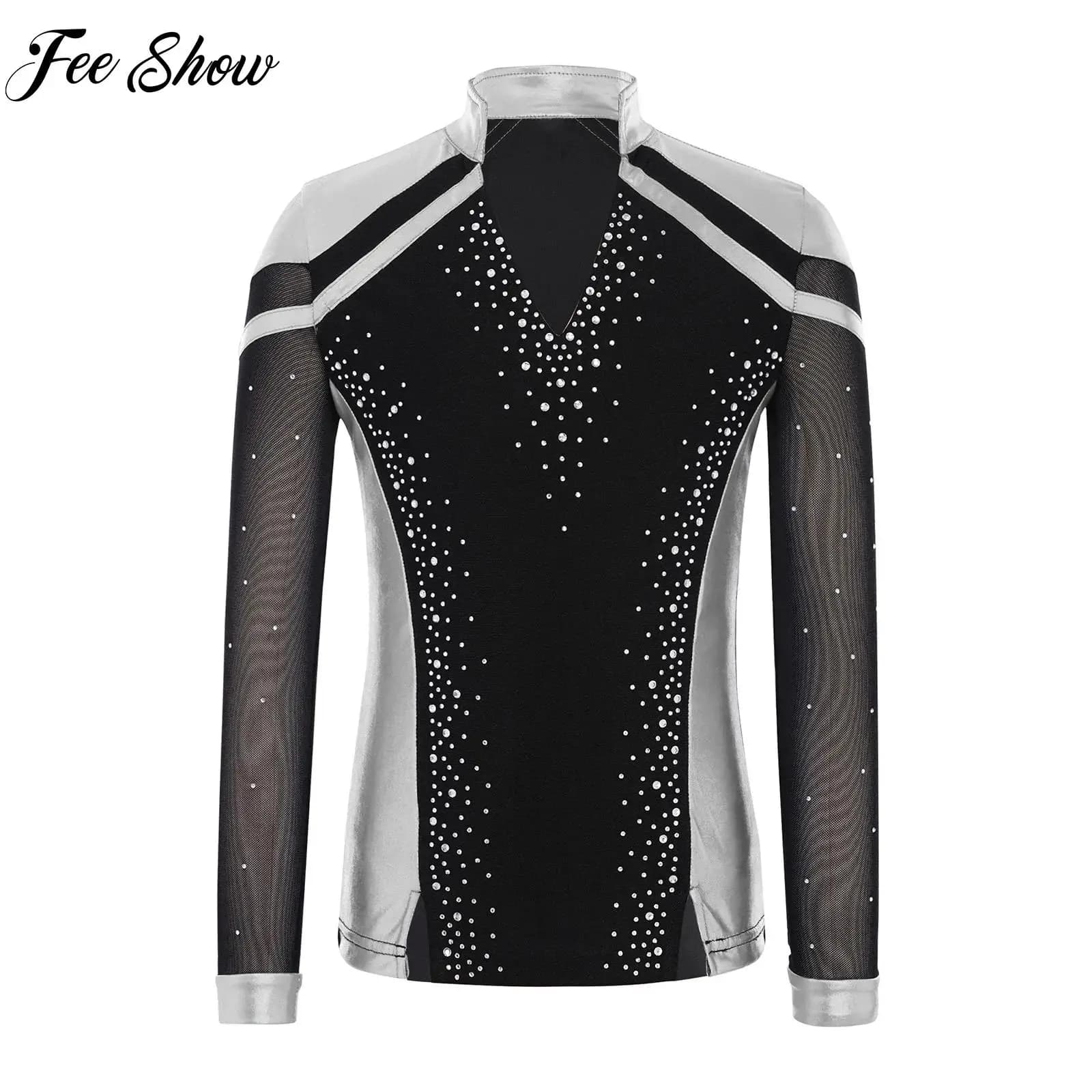 Top da ballo per pattinaggio su ghiaccio per ragazzi, maniche lunghe, orlo diviso, strass, top metallici per allenamento di performance di danza di ginnastica