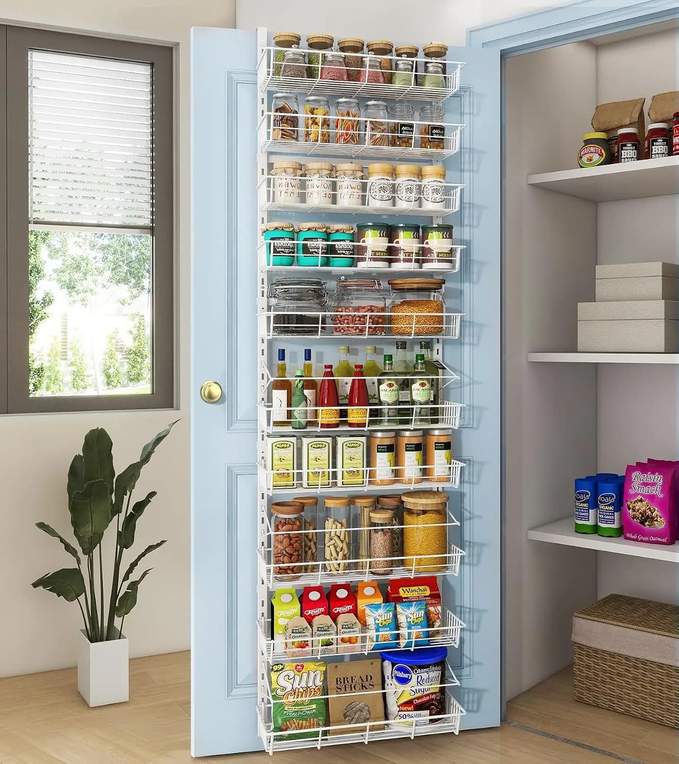10-Tier Over The Door Pantry Organizer, Adjustable Metal Hanging Shelves, Wall Mount Spice Rack for Kitchen, Bathroom, Closet, 250 LBS Capacity
