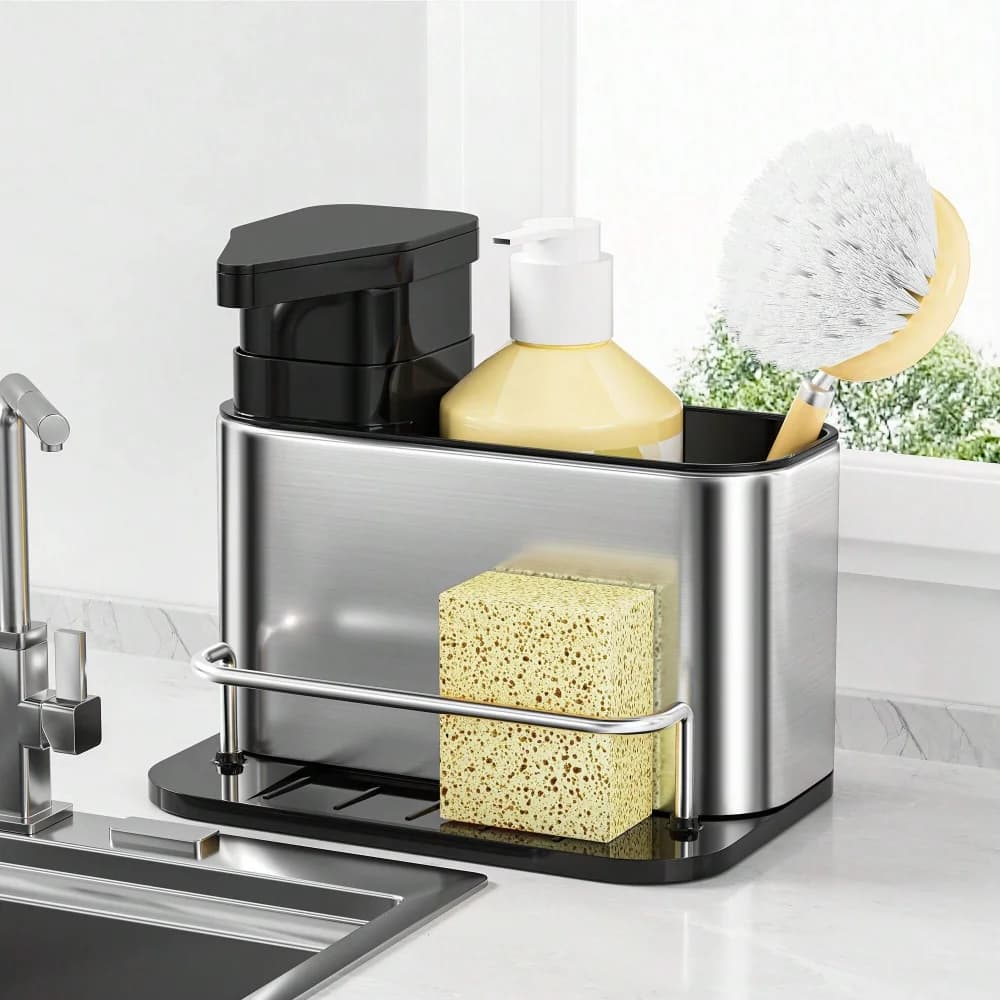 Dispenser di sapone per stoviglie da cucina 3 in 1 in acciaio inossidabile, porta spugna, scolapiatti per organizer per lavello, adatto per lavelli da cucina