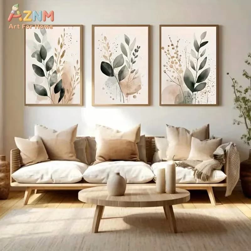 3PCS Neutral Botanical Eucalyptus Watercolor Canvas Prints Set Boho Beige Green Leaf Wall Art Posters for Living Room Bedroom Mi