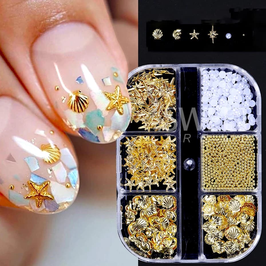 6 griglie oceano tema oro nail art charms conchiglia/stella marina perla gemme di metallo 3D misto nail art decorazione manicure accessorio gioielli
