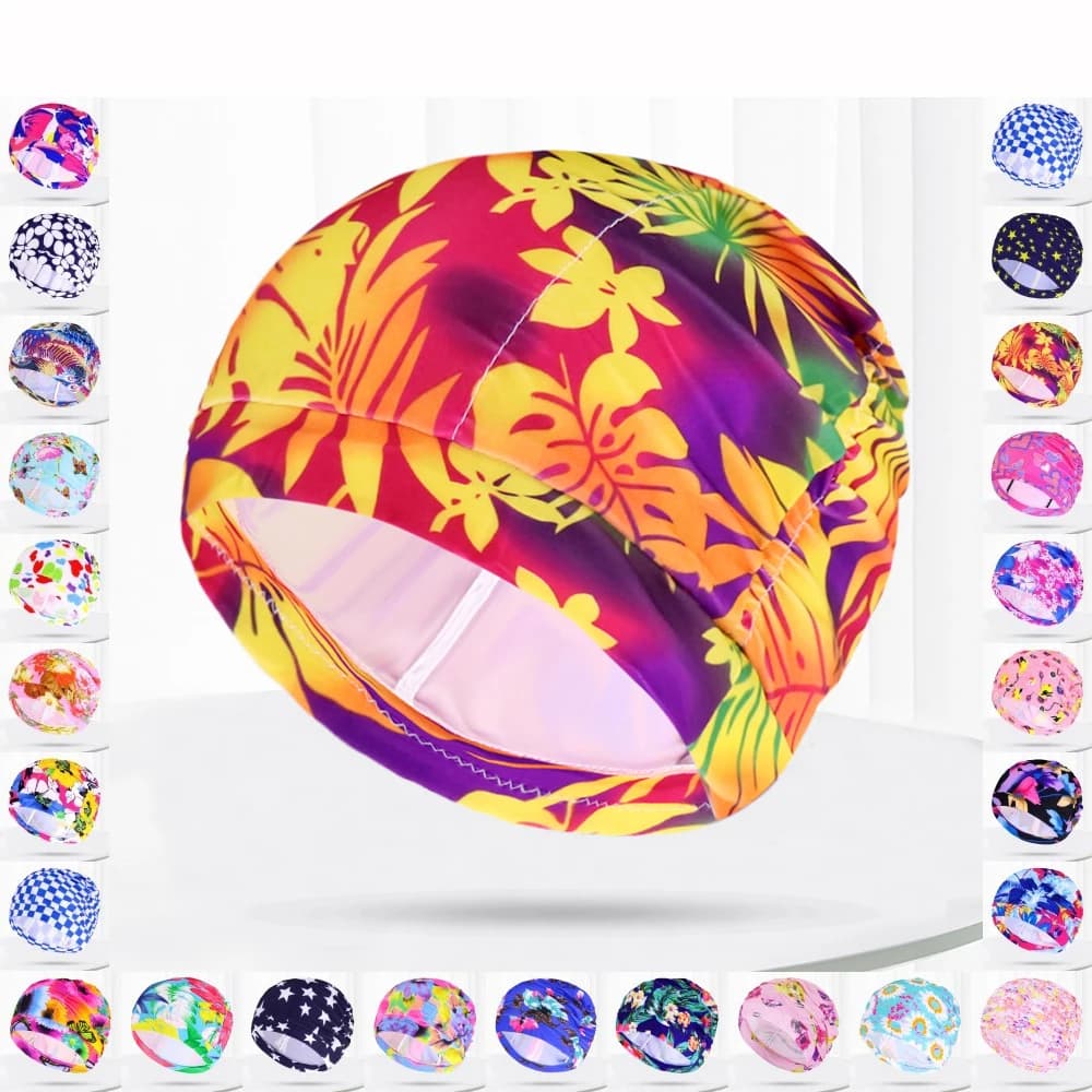Men Flower Heart Stars Print Swimming Pool Water sports Long hair Elastic nylon bath hat Turbante