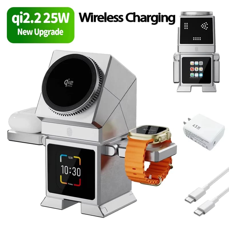 Caricatore Wireless Magnetico Rotante 3 in 1 qi2.2 25W con Altoparlante Bluetooth LCD e Sveglia per iPhone 17 16 15