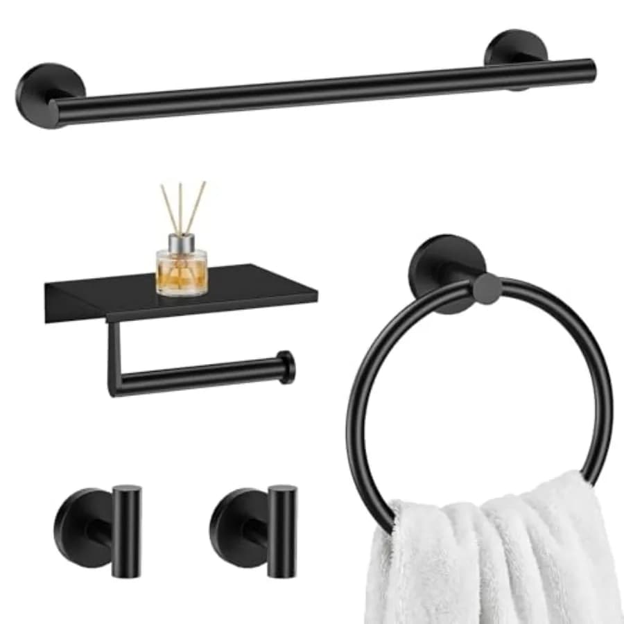 Set di accessori per il bagno neri da 5 pezzi, acciaio inossidabile SUS304, portasciugamani rotondo, anello portasciugamani, porta carta igienica, 2 ganci per accappatoi, Co