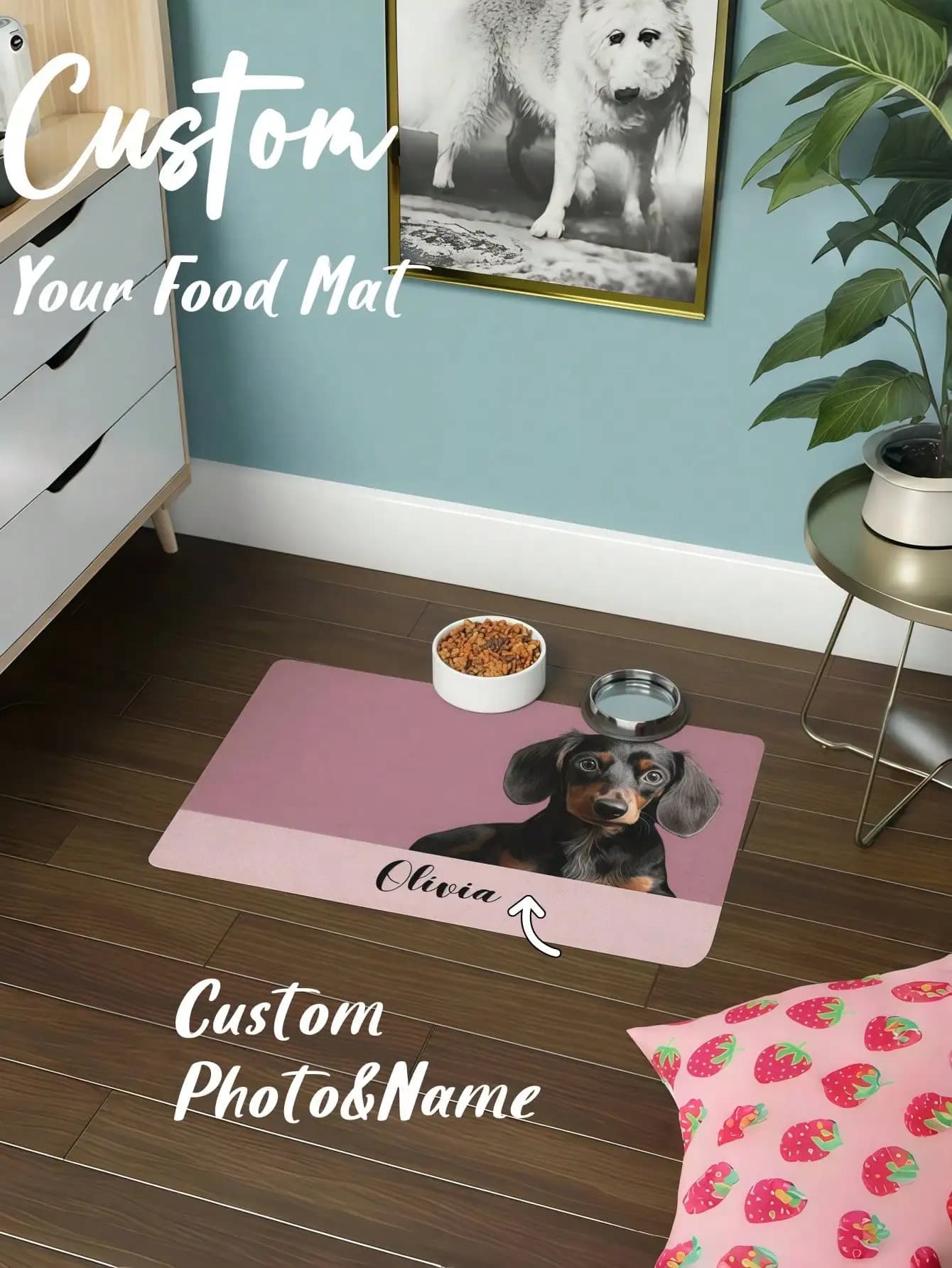Tappetino Personalizzato per Cibo per Cani con Foto e Nome dell'Animale, Impermeabile, per Alimentazione e Acqua