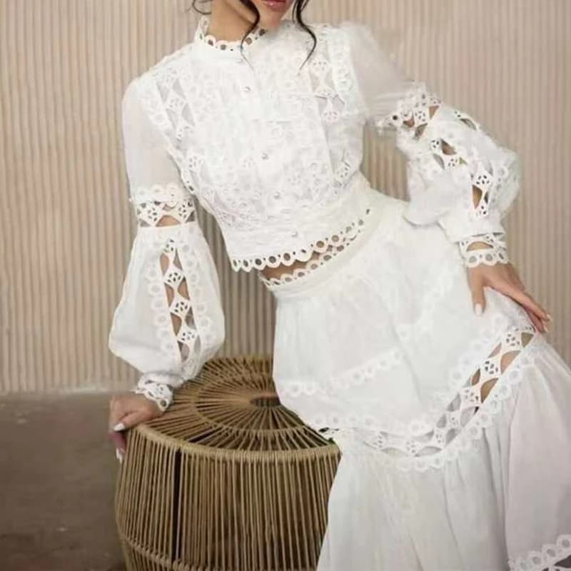 Sexy Embroidery Hook Flower Hollow Crochet Skirt Set Elegant Pring Stand Collar Button Top+A-line Skirt Outfit Lace Suits New