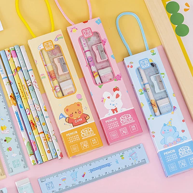 1 Set 5 Piece Stationery School Office Supplies Student Gift Prize Creative Kawaii Eraser Ruler Pencil Sharpener