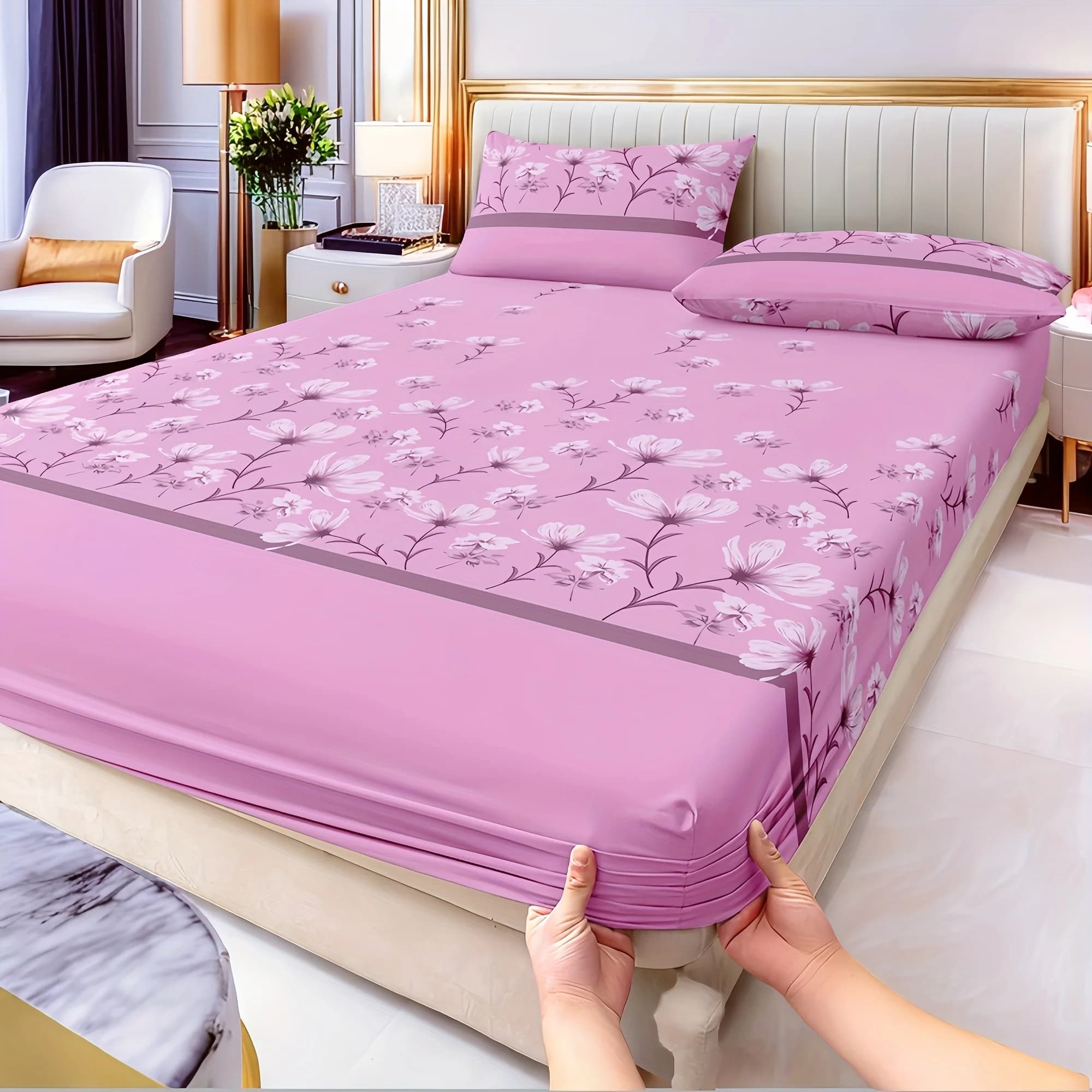 Pink Magnolia Flower Bed Sheet Set, Three-Piece Bedding Set (includes 1 bed sheet + 2 pillowcases), 3-piece set, large-capacity deep pocket 2D printed bed sheet and 2 pillowcases, mattress protector, elastic-style bed sheet, protective cover, mattress protector, suitable for all seasons, machine washable design, holiday decoration, various sizes, breathable protective cover with pillowcases