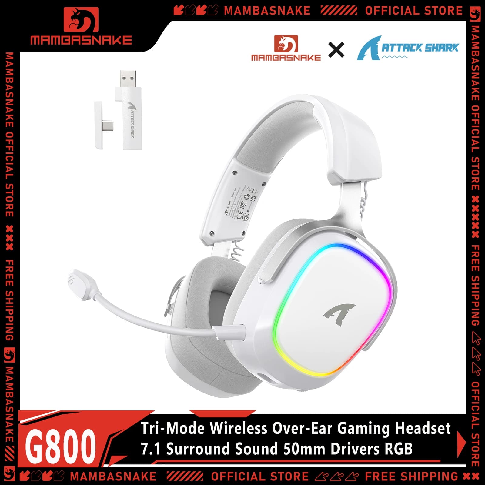 ATTACK SHARK G800 Cuffie da gioco RGB wireless: suono surround 7.1, driver da 50 mm, cuscinetti auricolari in memory foam, cablati/2,4 Ghz/BT