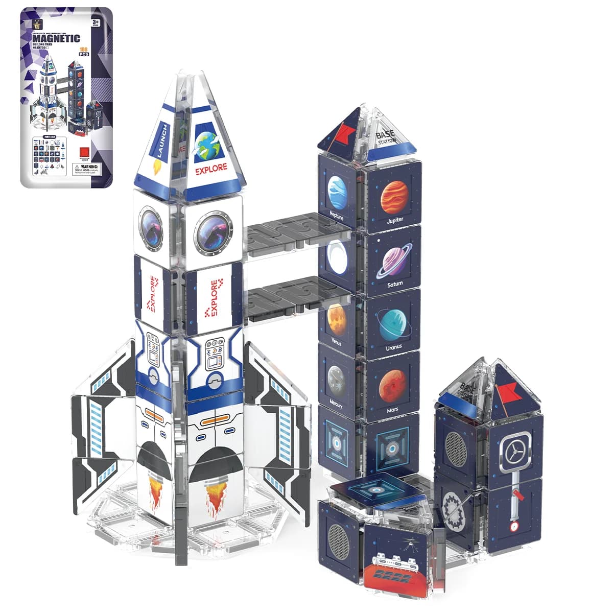 Magnetic Building Blocks Space Rocket With Iron Box Travel Set Magnetic Tiles STEM Educational Toy for Kids Boys Birthday Gift