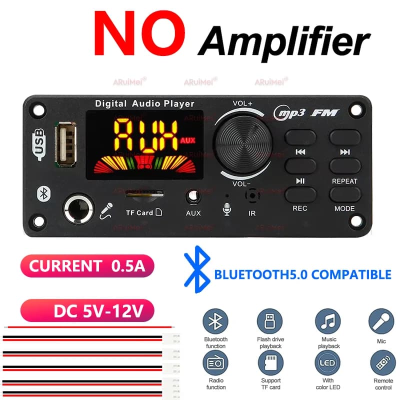 Bluetooth 5.0 MP3 WMA WAV Scheda di decodifica 12V Vivavoce 6.5mm Microfono USB TF FM Car Audio Lettore musicale Altoparlante Controllo del volume