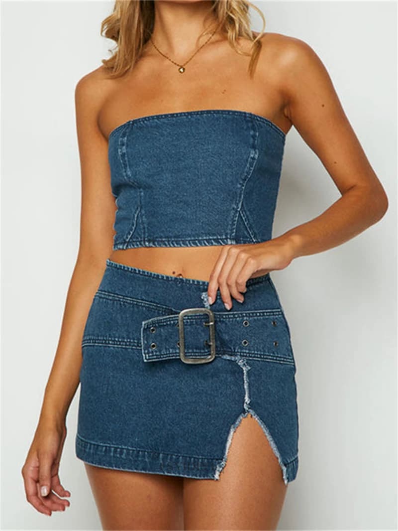 Set da 2 pezzi in denim sexy Completo da donna Abbigliamento estivo Donna 2025 Gilet senza spalline Top Gonne Set Set di abiti a due pezzi Jean moda