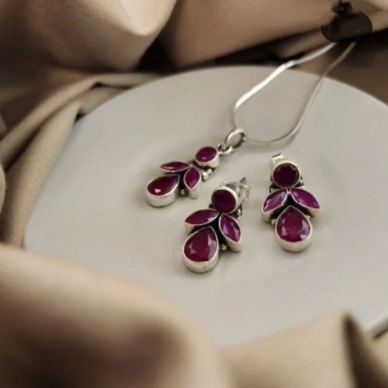 Vintage Trendy Rose Red Synthetic Stone Necklace Earring Set for Women, Classic Fashion, Luxury Jewelry, Party Gifts