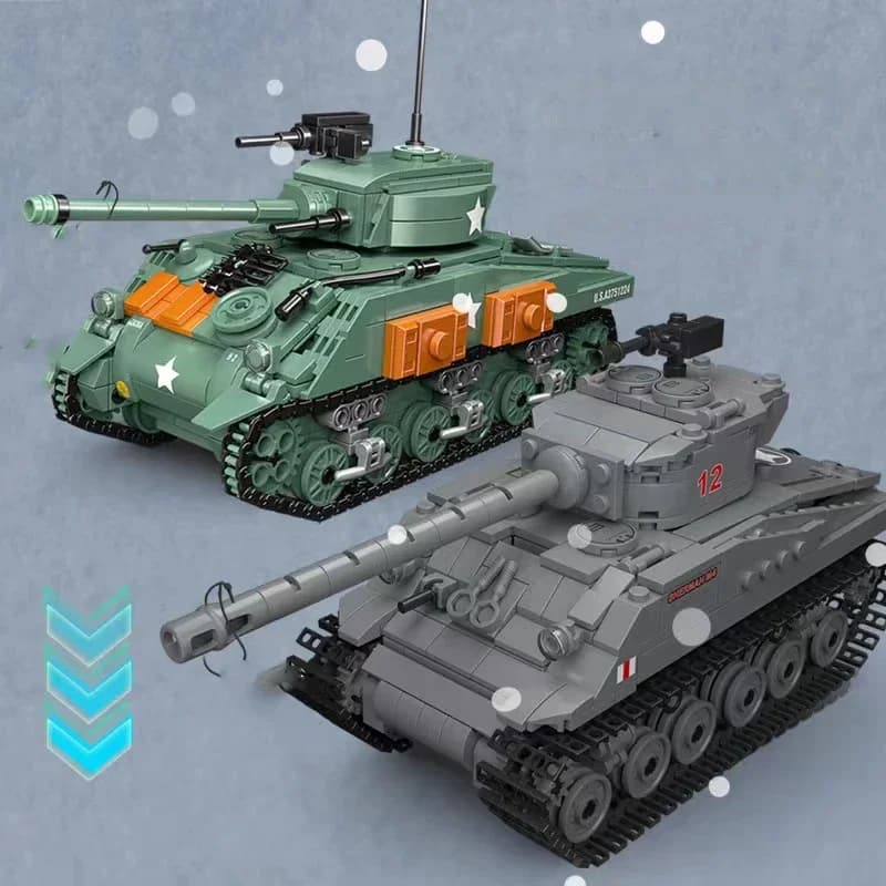 Diversi tipi di blocchi da costruzione di carri armati militari della Seconda Guerra Mondiale in scala 1:35, Sherman M4, Firefly, T54, soldati, armi, mattoncini, giocattoli