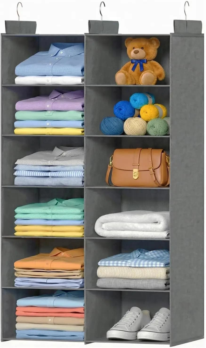 Foldable hanging rack for wardrobe with 6 shelves and 3 sleeping hooks, bedroom