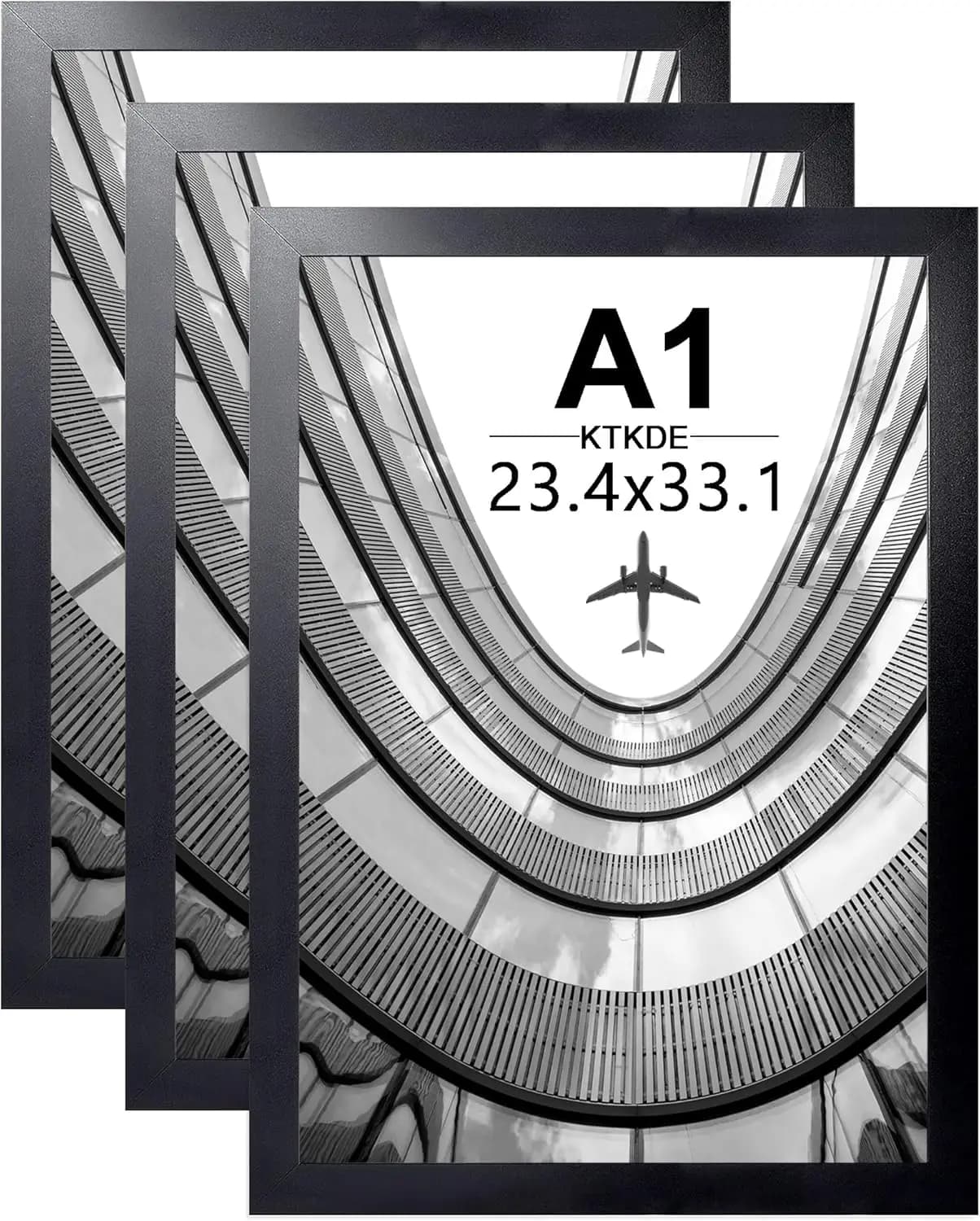 Modern Black Frame A1 for Photo or Poster, Pack of 3, 23.4x33, Black Frame Wood Effect, Vertical and Horizontal Hanging