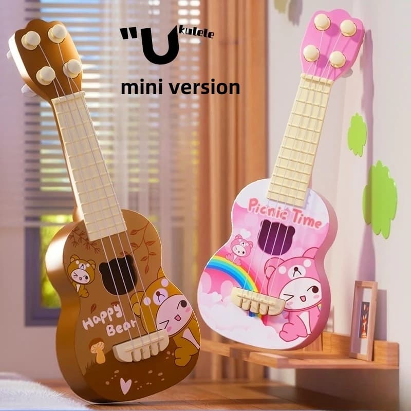 Mini ukulele a 4 corde in plastica rosa e marrone, decorazione da tavolo per la casa, ornamento, giocattolo per bambini, regalo di compleanno