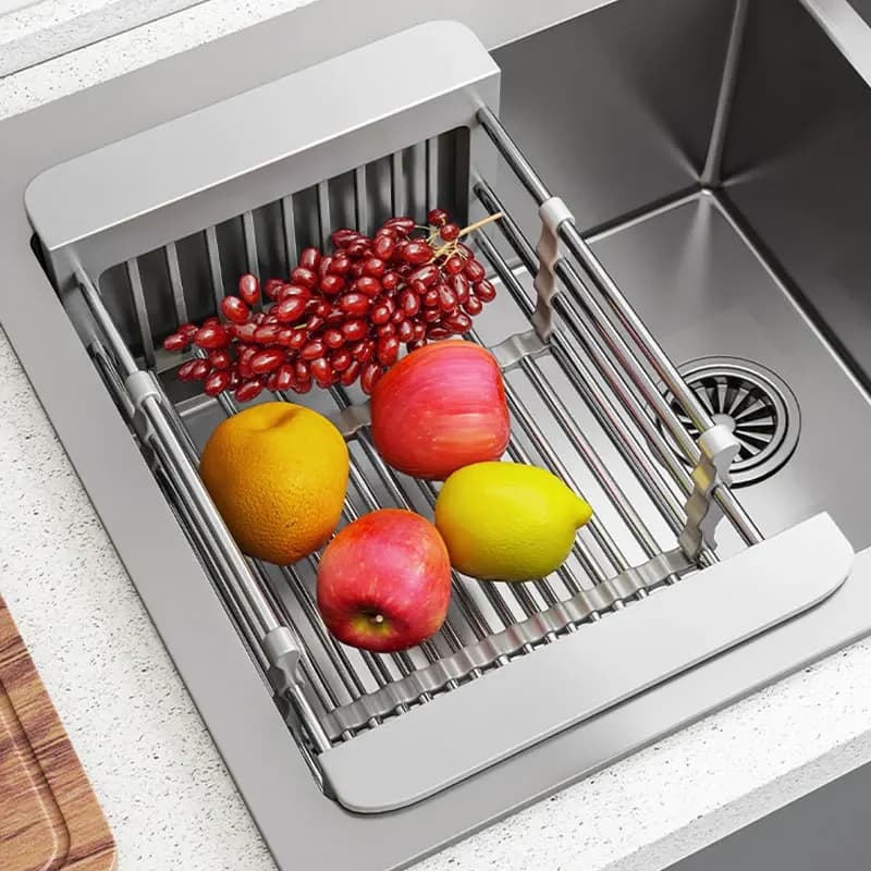 Foldable kitchen sink drain, stainless steel plate exhaust basket to wash dishes, space saving sink organizer