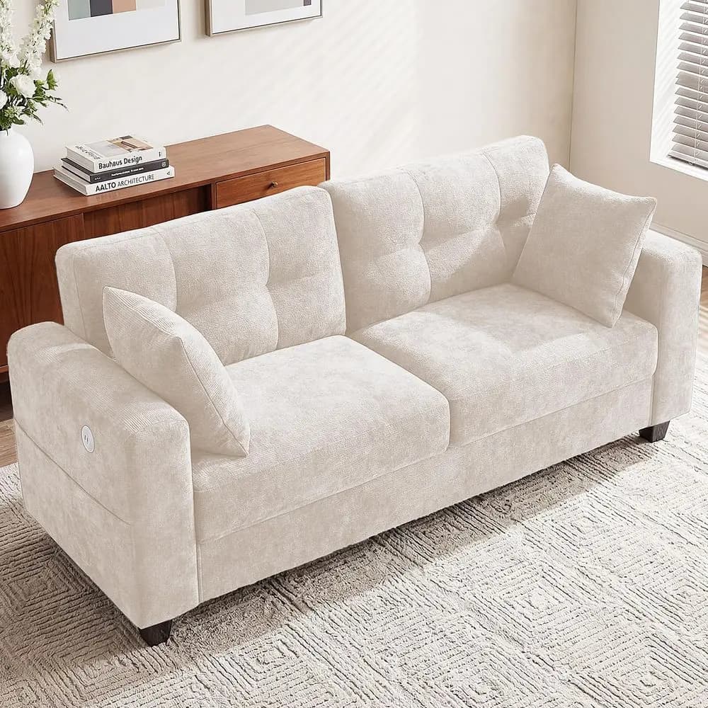 Two Seat Sofa for Living Room, Modern Cloud Sofa in Belt with USB Type-C Charging Doors, Side Pockets, Removable Cover, Large Space