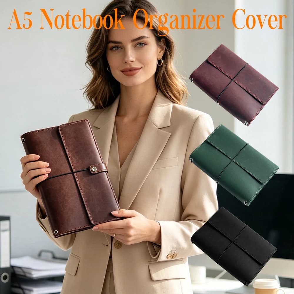 A5 PU Leather Notebook Cover Handmade Vintage Cowhide Diary Journal Planner Organizer with Inner Pockets Card Slots Pen Holder