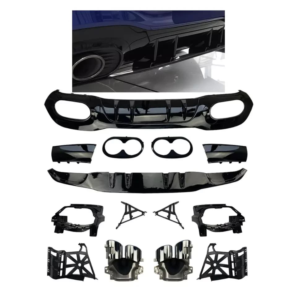 Diffuser with flying wing and exhaust pipe for Mercedes W177 Class A45 Look Black glossy Rear diffuser + discharge tips 2019+