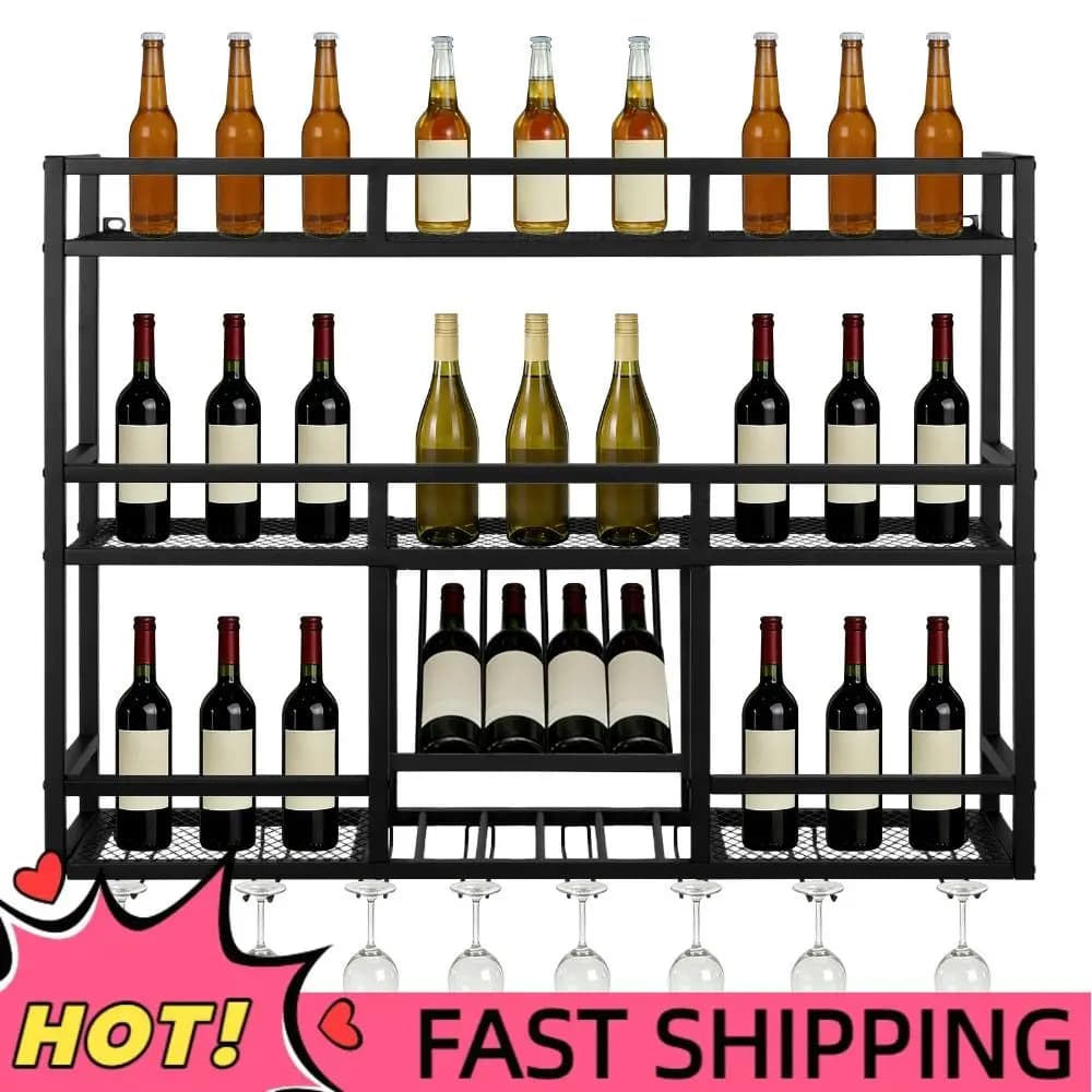 Espositore per Bottiglie di Vino a 3 Livelli con Portabicchieri, Scaffale in Metallo per Casa, Bar, Sala da Pranzo, Cucina, Soggiorno