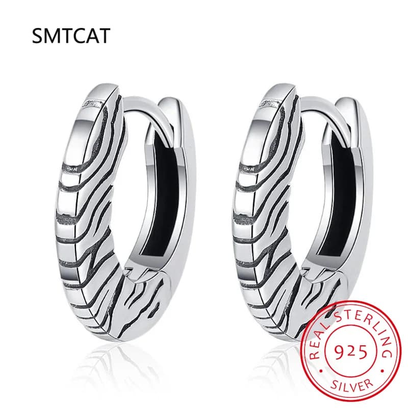 Orecchini a Cerchio Vintage in Argento Sterling 925 con Motivo Zebrato e Tigre, Gioielli Creole Huggies per Donna, Ideali per Feste