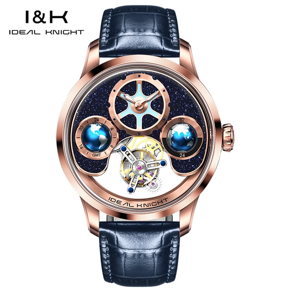 IDEAL KNIGHT 6805 Tourbillon Men Watch Original Skeleton Flywheel Automatic Mechanical Wristwatch Man Blue Earth