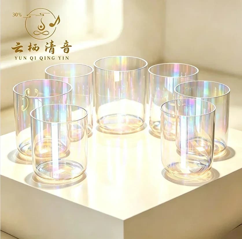 YUNQIQING YINCrystalSoul Classic Transparent Aurora 7 Chakra Alchemy Crystal Singing Bowl Set, Sound Healing Percussion Kit for Yoga Meditation Chakra Balancing