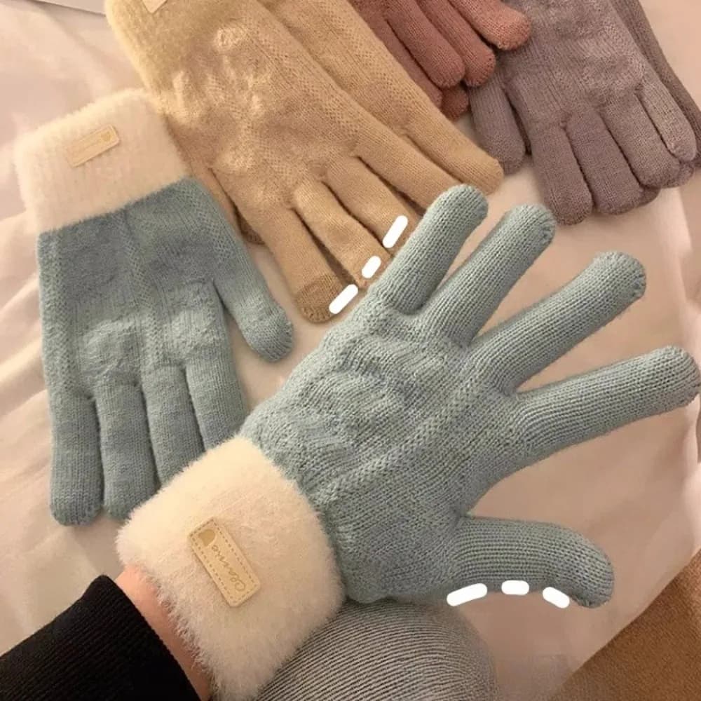 Thick Plush Touchscreen Gloves for Women Winter Autumn Knitted Warm Full Finger Woolen Gloves for Outdoor Cycling Driving Mitten