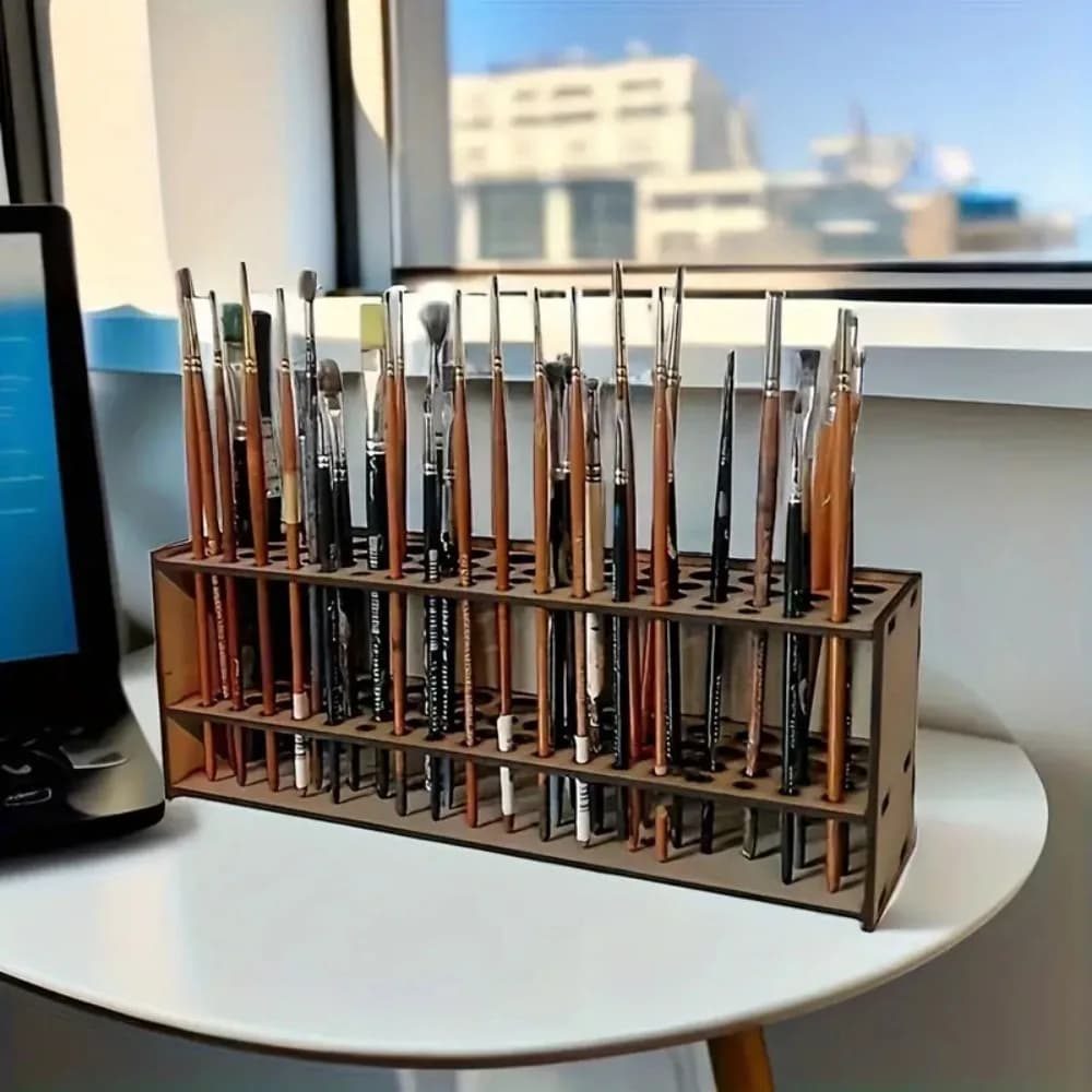 Portapennelli in Legno a 67 Scomparti, Organizzatore da Scrivania Premium a Doppio Strato, Resistente, per Pennelli da Pittura e Matite, per Arte e Artigianato