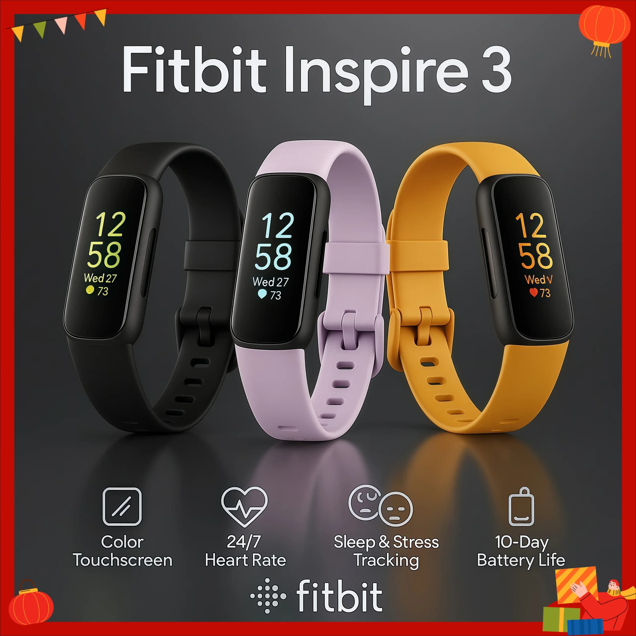 Fitbit Inspire 3 Intelligent Fitness Tracker Color Touch Screen Heart Rate Monitor Sleep Pressure Tracking Sports Wristband